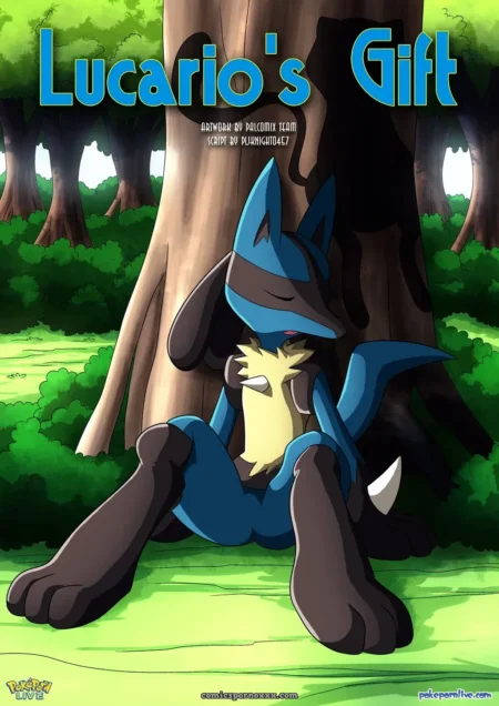 Lucario sits legs spread, blue fur, black thighs, erect cock exposed on green grass by tree trunk