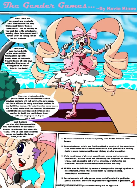 Pink bunny mascot in corset and garters thrusts hips on stage, promoting nude gender games with explicit rules mandating genital contact and sexual acts