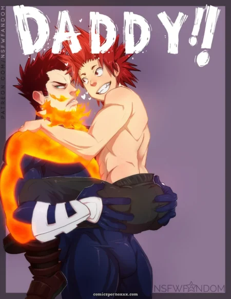 Shirtless red-haired man thrusts crotch against fiery-chested man, gripping ass while screaming DADDY!!