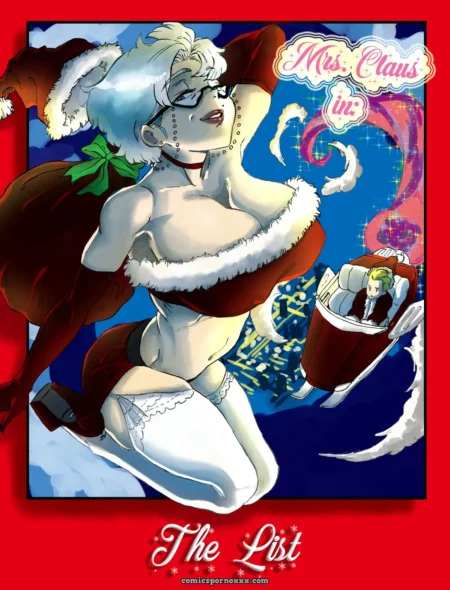 Mrs. Claus in tight red Santa outfit exposing breasts, white lace stockings, straddling sack with man on sleigh behind