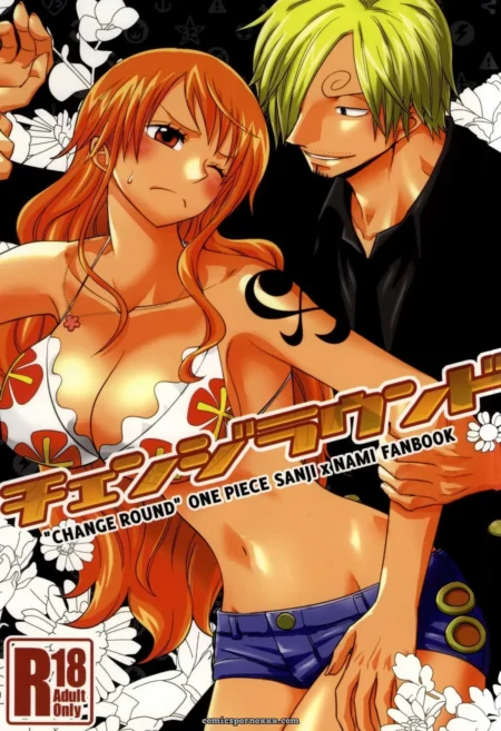 Nami's orange hair frames her sweaty chest in a floral bikini top as Sanji's hand slips under her blue shorts, fingers probing her wet pussy.