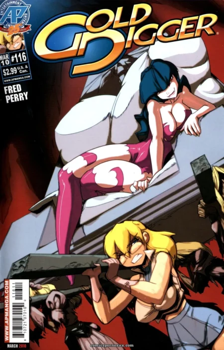 Two women in revealing outfits: one in pink leotard fingers her pussy reclining, another blonde aims a gun crouching