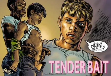 One man grips another's bare waist under his shirt, hands on skin, engaging sexually; bubble states B-BUT THAT'S A GUY.