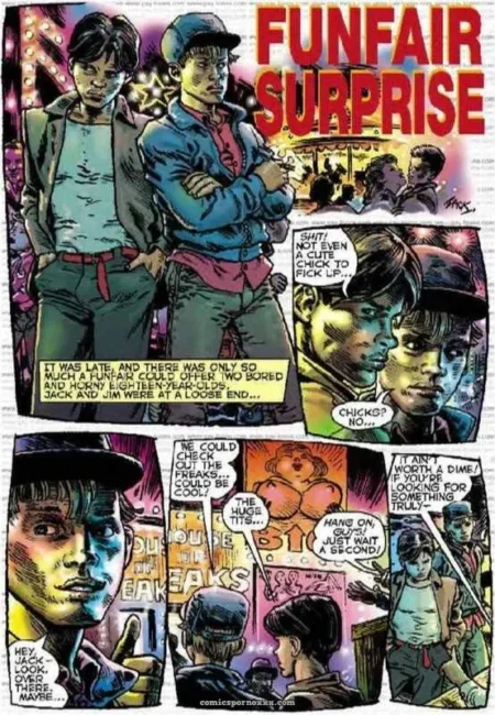 Men gawk at a bikini-clad woman in a carnival comic panel, exchanging lewd sexual remarks about her tits and ass.