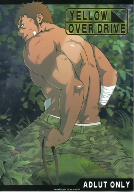Shirtless muscular man in camo pants with bulging veined biceps, bandaged arm and back, gripping a whip in lush jungle foliage, Yellow Over Drive