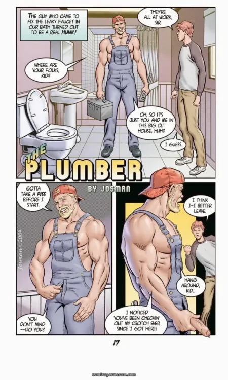Muscular plumber in blue overalls adjusts crotch bulge, flexing biceps while two men watch in a bathroom.