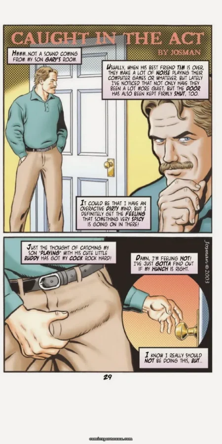 A man in green sweater holds hard cock through beige pants while another's hand grips his erection near door