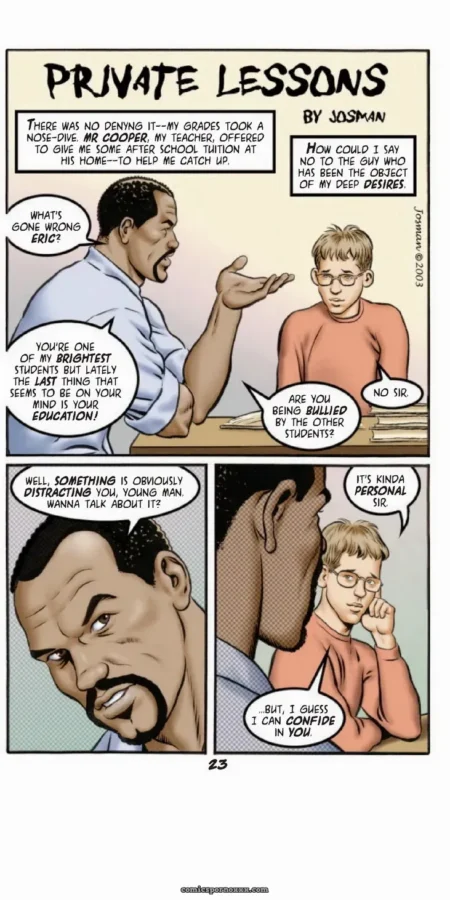 Man in blue shirt fondles student's erect cock through orange pants during private tutoring