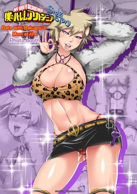Bakugou's mom wears leopard print bikini top, fur-lined jacket, black skirt hiked up, thighs spread, wet pussy exposed.