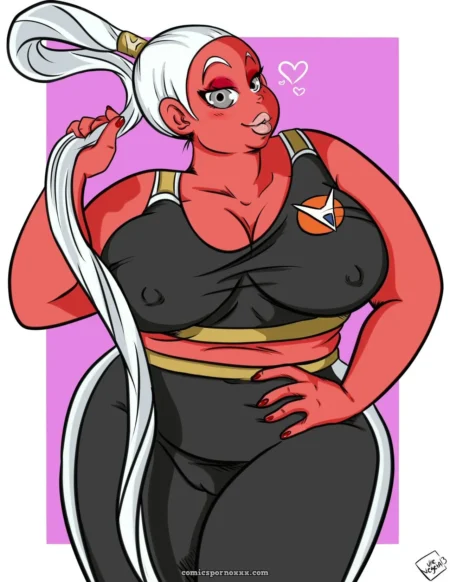 Red-skinned woman in black outfit, massive bonyu boobies straining fabric, white ponytail, hand on hip, red nails