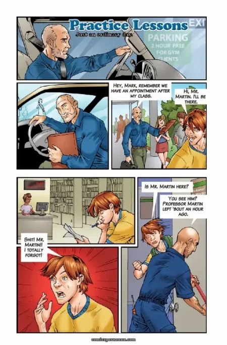 Mr. Martin grips Mark's thigh under car dashboard, erection pressing against Mark's leg as they discuss after-class lessons