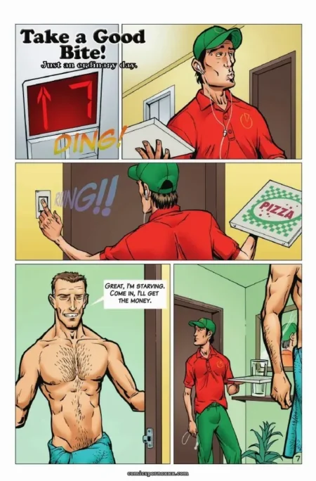 Hairy-chested shirtless man in blue shorts beckons red-uniformed pizza delivery guy with pizza box inside for sex.