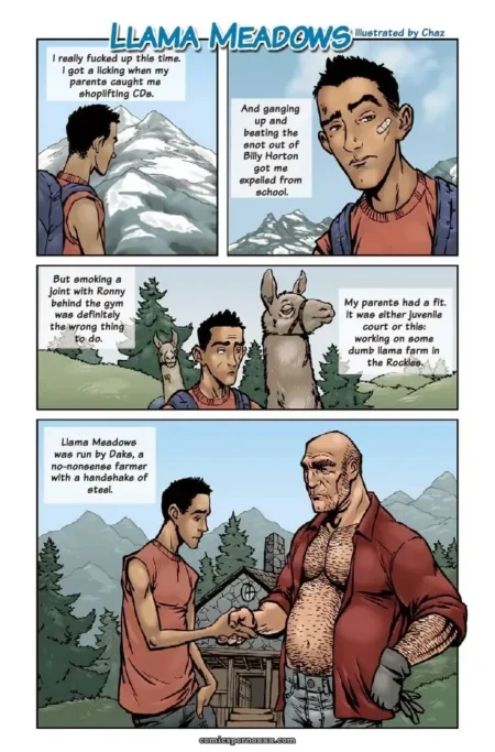 Hairy-chested man grips teen's hand at llama farm, explicit comic text reveals gangbangs and ass-fucking behind the gym.