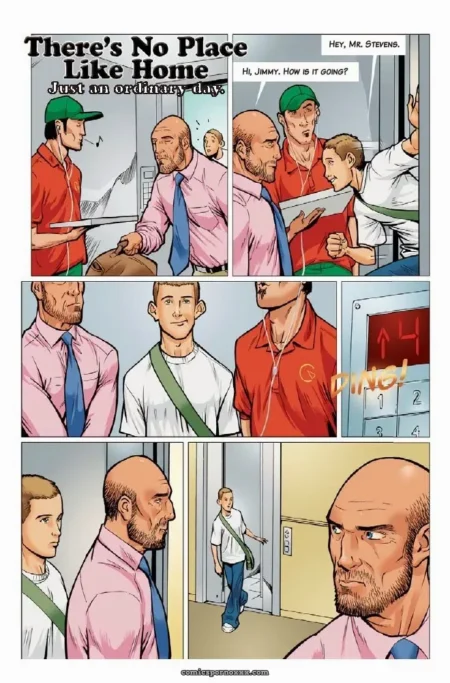 Bald man in pink shirt and blue tie takes red-shirted man's cock in elevator as young man leaves