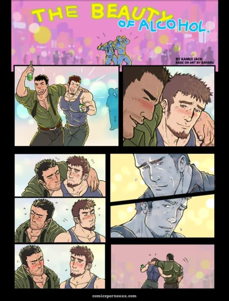 Two muscular men drink alcohol, kiss deeply, and grind against each other with flushed skin under neon lights.