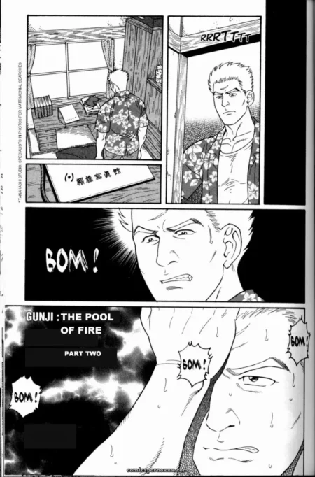 Sweating man in kimono grips arm, muscles straining with explosive force as raw desire surges in Gunji: The Pool of Fire