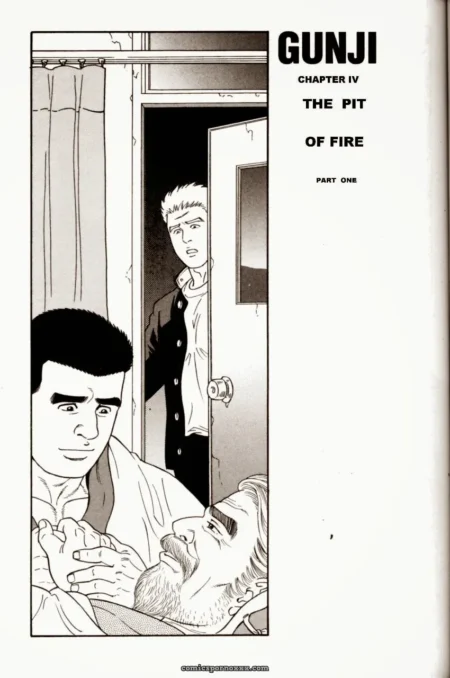 A man squeezes a prone man's nipple while another watches from a doorway in Gunji #4: The Pit of Fire.