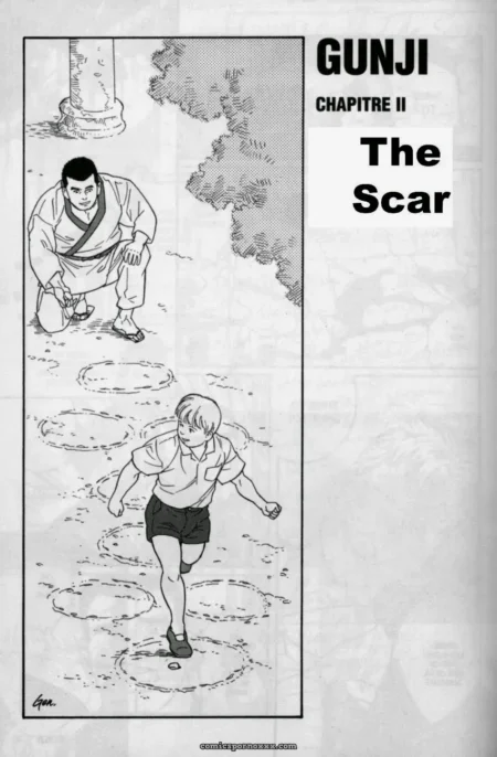 Man in kimono leers at youth's crotch in school shorts stepping on stone rings, tight shirt revealing bulge.