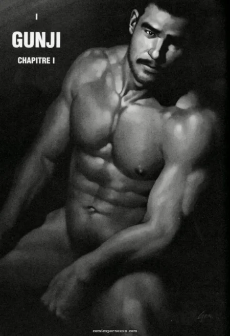 Shirtless muscular man with defined abs, bare chest, and erect cock posed for Gunji #1 black-and-white cover