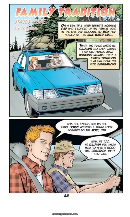 Two men in blue car with fishing gear drive to lake, fucking each morning as family bonding tradition.