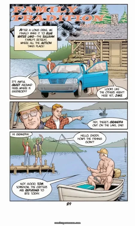 Nude grandpa in a boat jacks off while two men in a blue car's backseat suck cock near a log cabin.