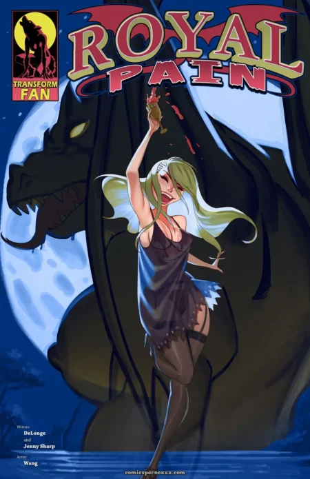 Green-haired femme in torn dress wields bloody dagger, thigh-high slit exposing wet cunt, dragon lurks behind under full moon