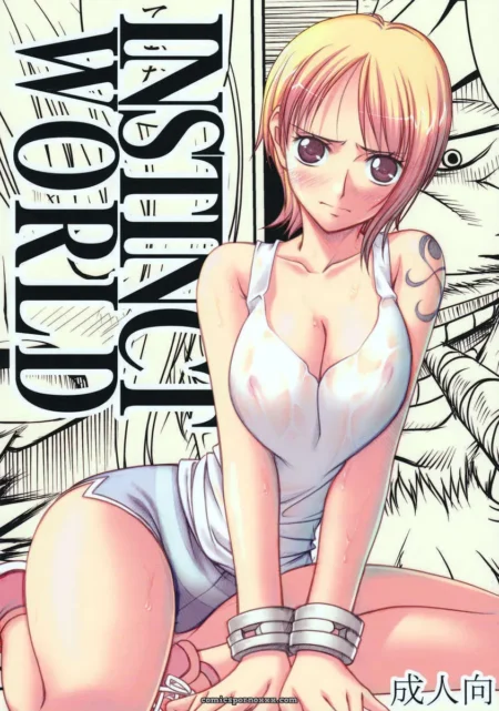Blonde in tight white camisole kneels cuffed, large breasts straining fabric, tattooed arm, Instinct World