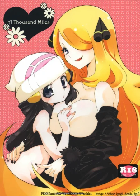 Blonde woman in black dress gropes dark-haired woman's breast, white hat, pink backdrop with A Thousand Miles heart