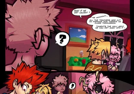 Spiky pink-haired character fucks yellow-haired lover in school room, teachers gone, desperate for tonight's secret sex