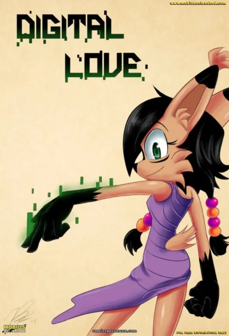 Her tight purple dress clings to full breasts and ass, black gloves grip colorful beads around neck as she points suggestively.