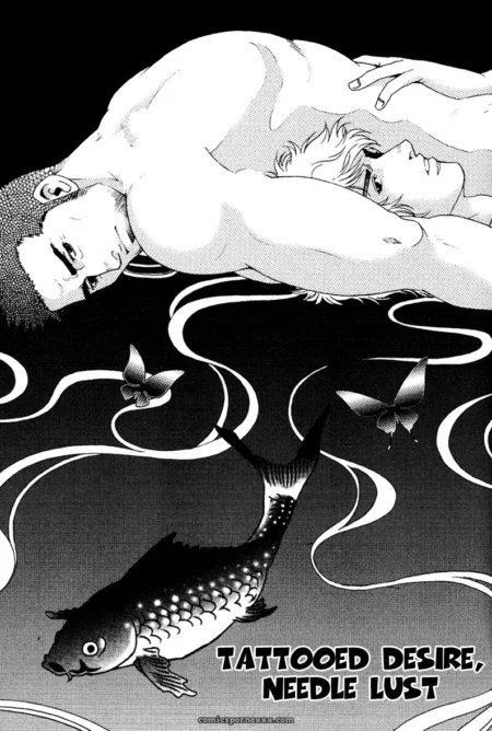 Tattooed man's cock deep in another man's ass, koi fish and butterflies swirling below