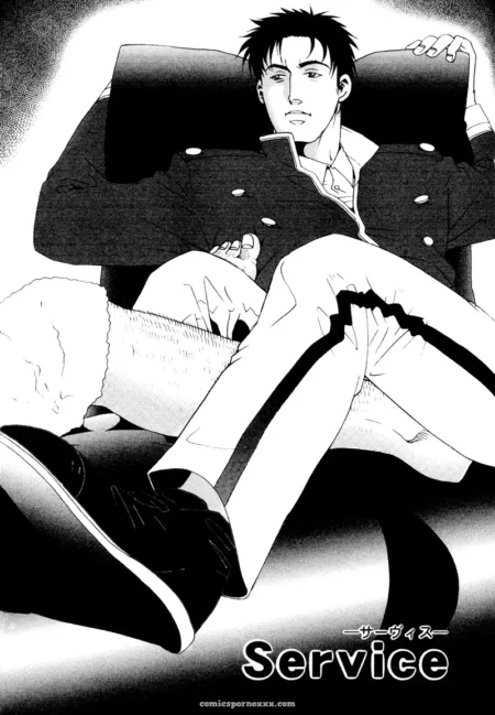 Military jacket, unbuttoned shirt, spread legs, hand gripping erect penis in open pants