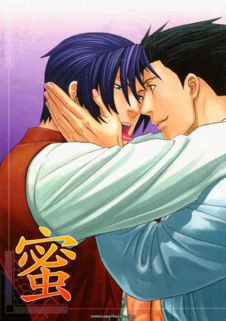 Purple-haired man in red robe presses black-haired man close, gripping his jaw as their lips part for a deep, explicit kiss.