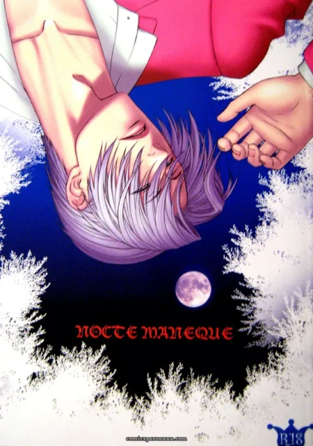 Shirtless white-haired man reclines as a red-suited hand gropes his chest under a full moon, Nocte Maneque