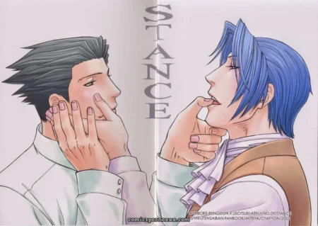 Blue-haired man grips dark-haired man's cheeks with both hands as he holds his chin, lips parted for a deep tongue kiss.