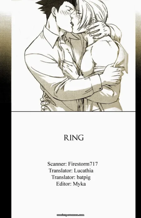Spiky-haired man kisses blonde deeply, fingers digging into his chest through shirt in Phoenix Wright: Ring manga