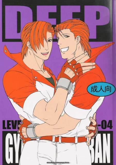 Two orange-haired men in tight red jackets and white shirts grind hips, hands clutching asses, lips parted for a deep kiss, cocks straining.