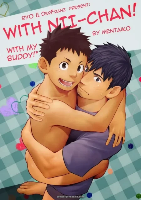 Two shirtless males grind clothed groins while embracing tightly, bare chests pressed together with sweat and flushed skin against a checkered backdrop.