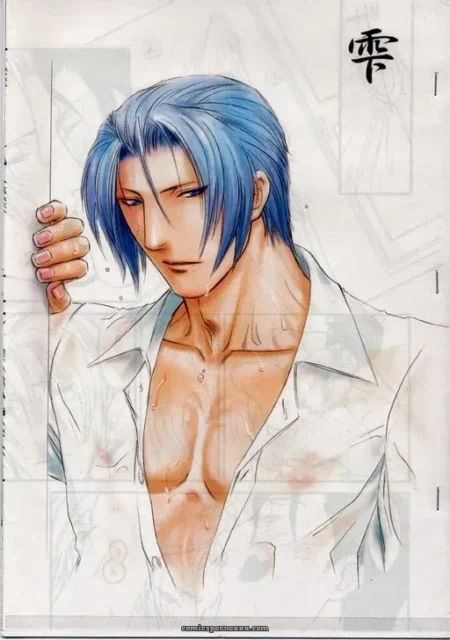 Blue-haired man in unbuttoned white shirt revealing chest, hard nipples, muscular torso, hand gripping cigarette