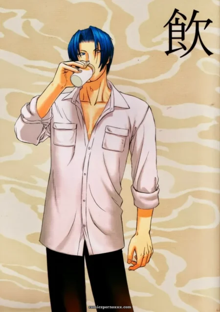 Blue-haired man in unbuttoned shirt sips cup, chest bare, black pants tight around hard cock