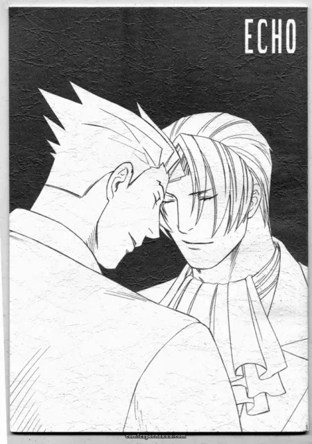 Spiky-haired man licks and sucks long-haired man's neck, bodies pressed tight, scarf loose, lips on skin sexually