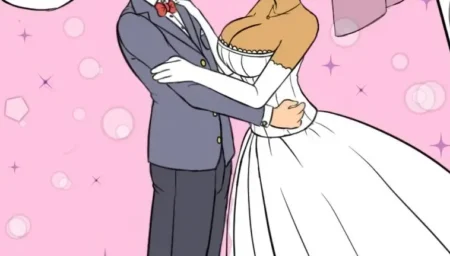 The bride's strapless white gown exposes her large breasts as she kisses the groom, her hand gripping his hard cock while he grins about their night.