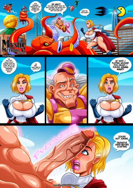 Blonde woman in red cape deep throats enormous cock as tentacles wrap around her in comic panel