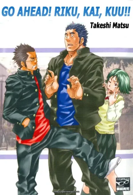 Riku in black jacket, blue shirt, tight pants with prominent bulge; Kai in red shirt; Kuu in yellow top, skirt, hands on mouth, aroused