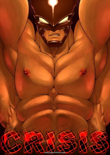 Thick sweat-slicked pecs with hard erect nipples, chiseled abs, glowing eyes, and bold CRISIS text.