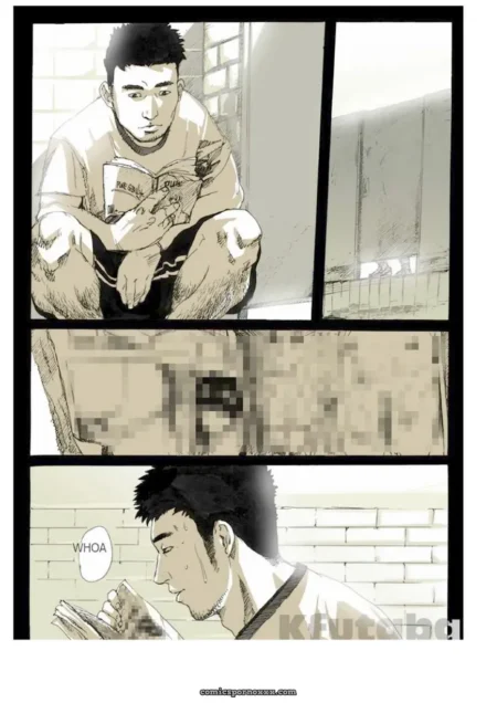 Man squats reading in stall as male enters, explicit anal sex with grunts and thrusts against tiled wall