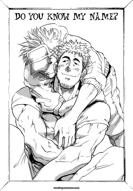 Muscular man behind presses crotch against sitting man's back, spiky hair, tight embrace, bold text Do You Know My Name above