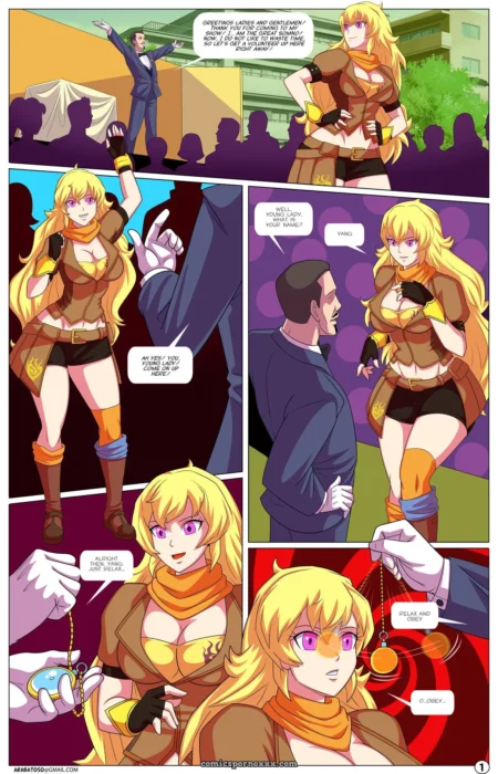 Man's hand squeezing Yang's breast under orange scarf, pendant near chest, explicit sexual act in RWBY comic panels