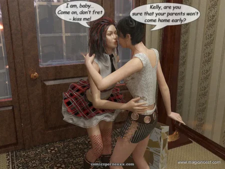 Two women kiss passionately; one in plaid skirt, fishnets, other in lace top, fearing early parent return for lesbian sex