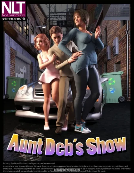 Aunt Deb in blue top and leggings grinds against a man while a woman in pink dress fondles cock in an alley with a car